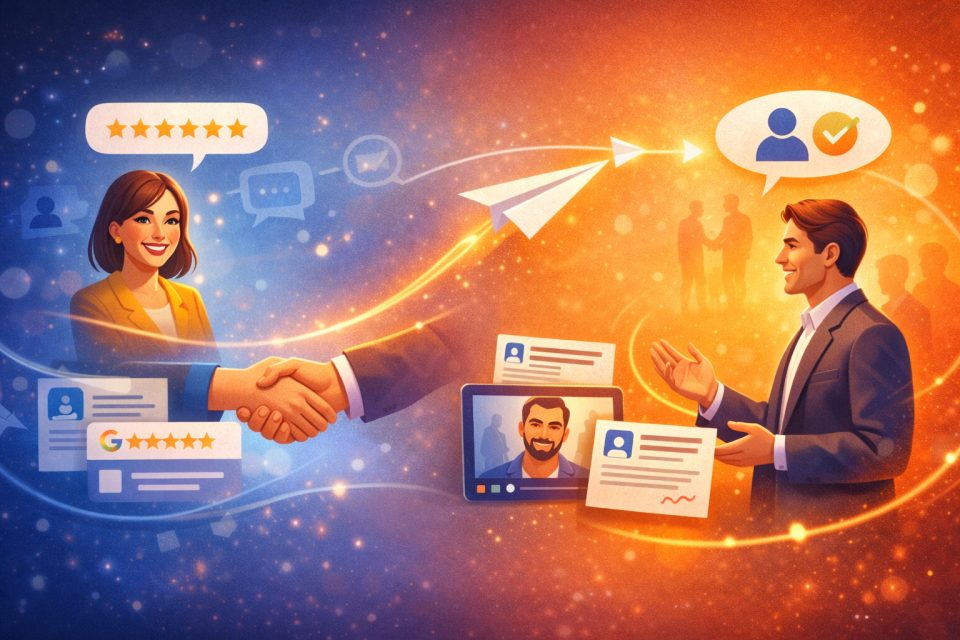 Visuel montrant une femme satisfaite et un professionnel relies par un flux dynamique