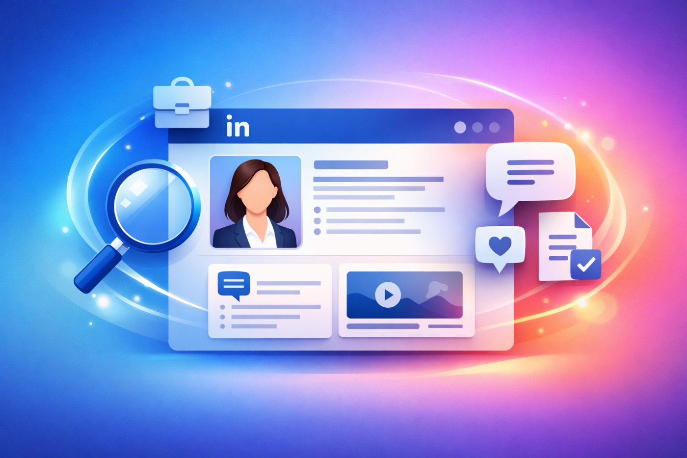 Interface de profil LinkedIn avec photo fÃ©minine, icÃ´nes interactives et fond dÃ©gradÃ© bleu et rose.