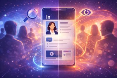 Profil LinkedIn sur smartphone avec femme professionnelle