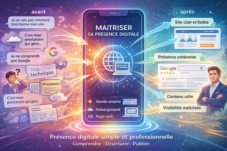 Visuel pedagogique montrant le passage d'une presence digitale confuse a une presence claire et structuree.