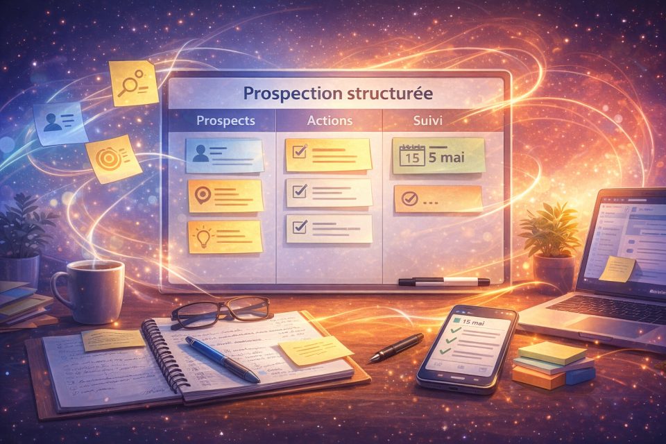 Tableau structure pour la prospection avec notes, smartphone et ordinateur