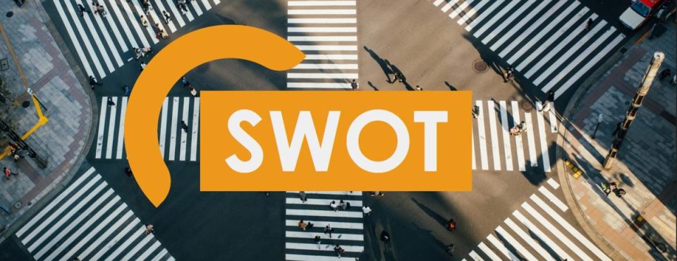 Vue aérienne d'un carrefour urbain avec piétons et véhicules, mettant en avant l'acronyme SWOT.