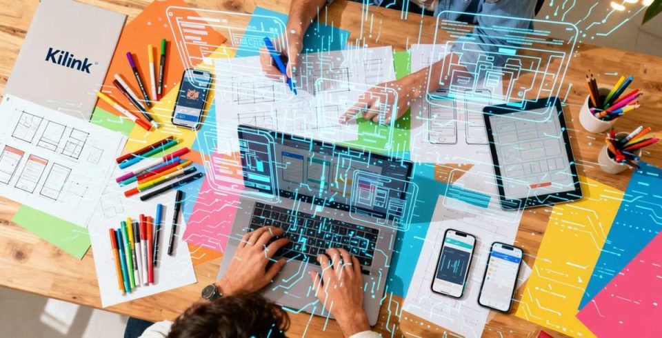 Participants travaillant ensemble avec ordinateurs, tablettes et supports visuels lors d'un atelier collaboratif.