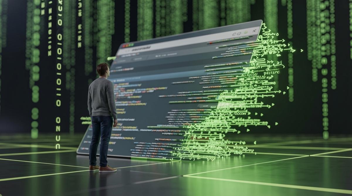 Entrepreneur observant une page web se transformer en flux de code, univers Matrix, structure du web et referencement.