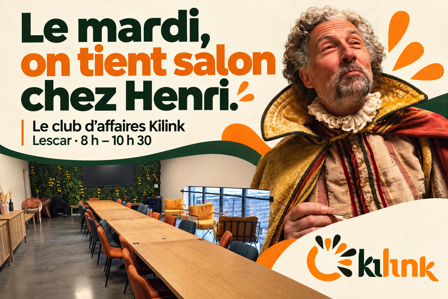 Le mardi, on tient salon chez Henri : le personnage d’Henri, une vue de la salle et le logo Kilink à Lescar.