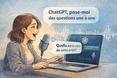 Femme parlant dans un microphone tout en utilisant un ordinateur portable avec IA.