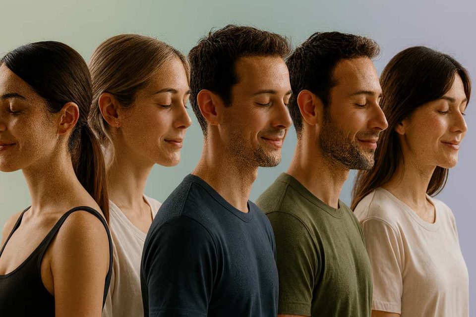 Cinq personnes en méditation, yeux fermés, dans un environnement calme et serein