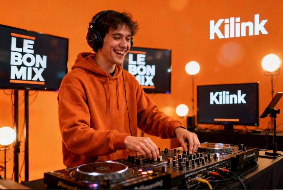 Jeune homme souriant en sweat-shirt orange et écouteurs, mixant sur une table professionnelle entouré d'écrans avec logos.