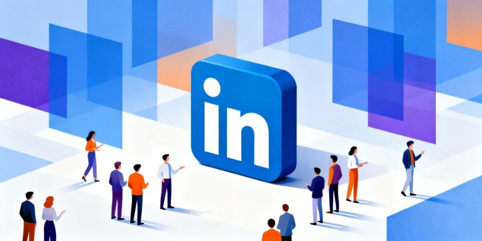 Logo LinkedIn en 3D entouré de personnages professionnels en discussion, arrière-plan géométrique bleu et violet.
