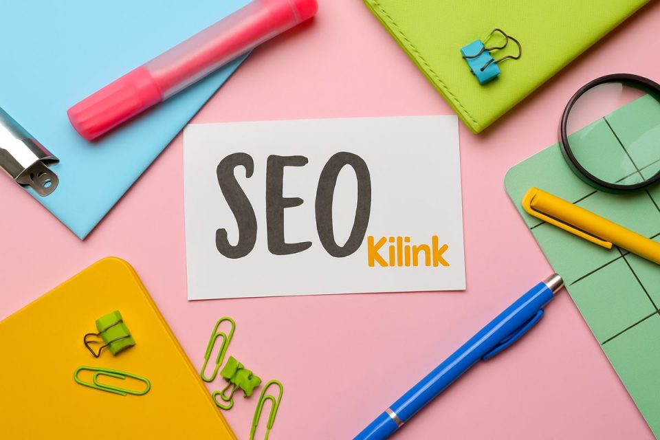 Ensemble d'outils de bureau sur fond rose avec carte 'SEO Kilink' et objets colorÃ©s