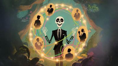 Squelette souriant en costume, entouré de cercles lumineux colorés et de silhouettes stylisées dans des cercles dorés.