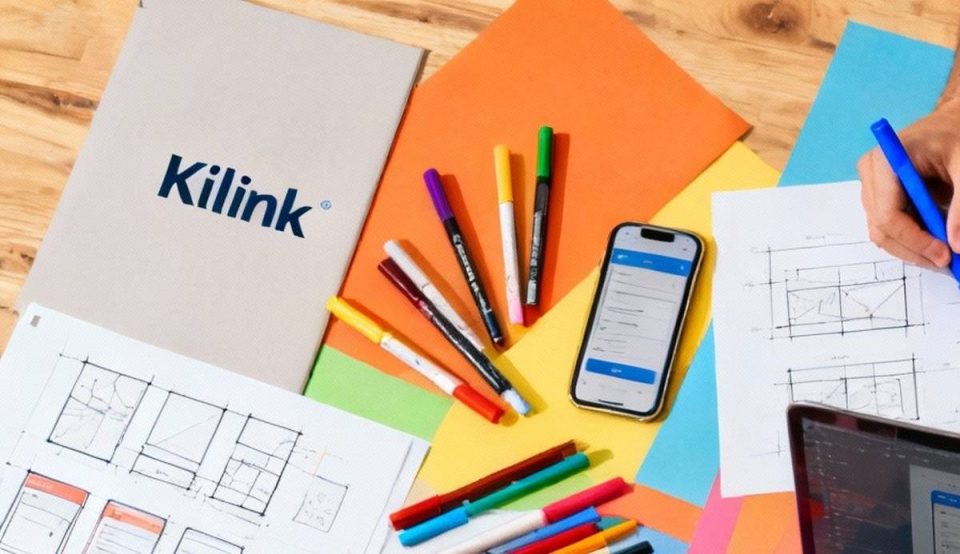 Table de travail avec feuilles colorées, marqueurs, carnet Kilink et smartphone pour brainstorming