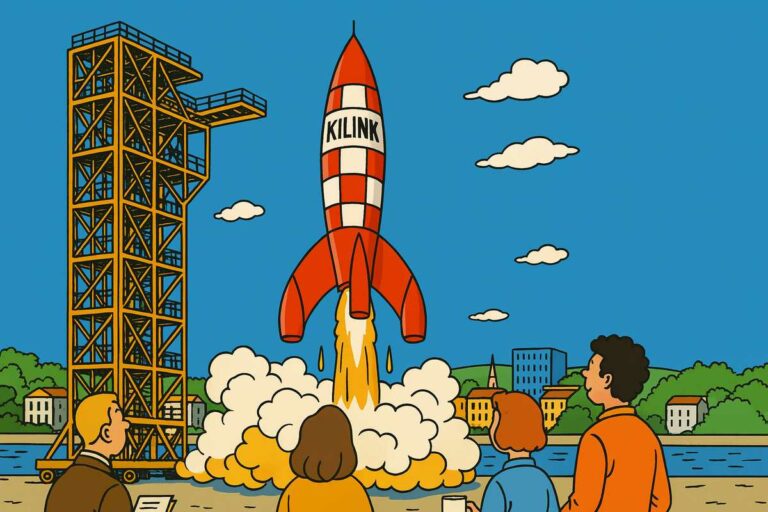 Fusée rouge et blanche marquée "KILINK" en plein décollage, observée par un groupe de personnes, style BD inspiré de Tintin. Hommage à Hergé