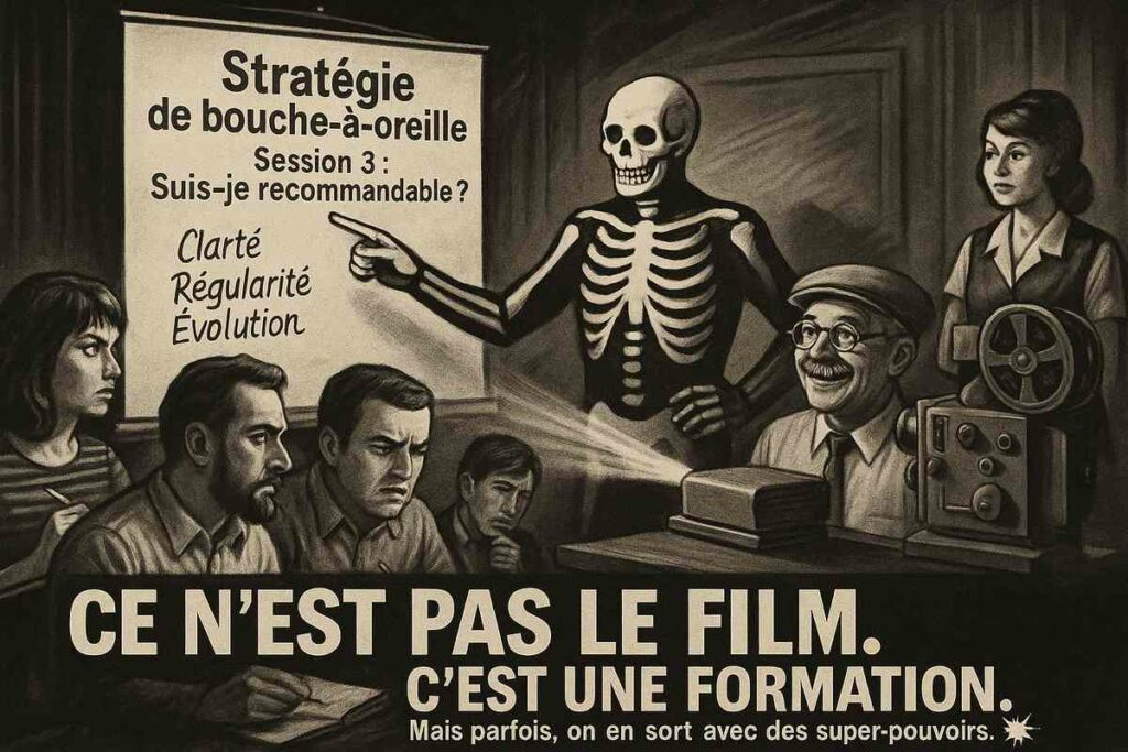 Scène parodique d’un atelier Kilink animé par un faux super-vilain en costume de squelette, dans un style rétro noir et blanc.
