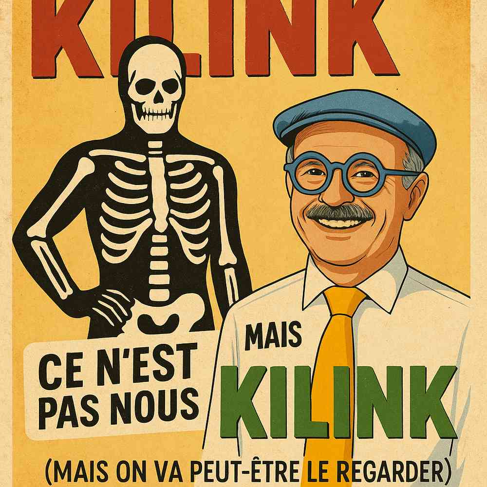 Affiche illustrée au style rétro représentant à gauche un personnage en costume de squelette inspiré du film turc "Kilink", et à droite un homme souriant en lunettes bleues et cravate jaune, avec la mention "Ce n’est pas nous… mais Kilink (mais on va peut-être le regarder)".