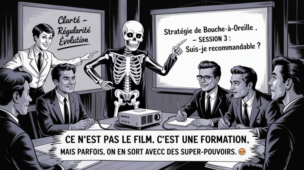 Parodie d’un film turc des années 60 détournée en atelier de communication avec un squelette animateur et des participants modernes.