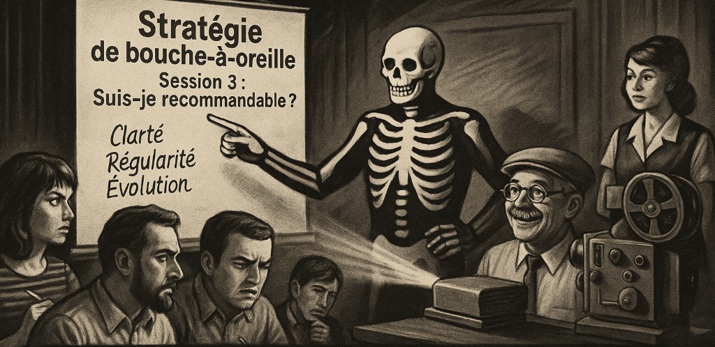 Illustration humoristique façon cinéma turc vintage avec un personnage en costume de squelette animant un atelier sur la communication pour Kilink à Pau.