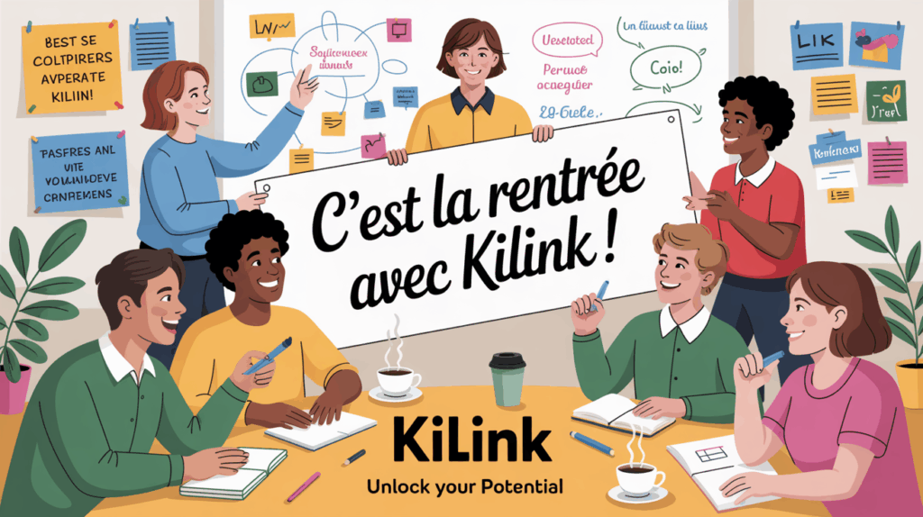 Illustration colorée d’un groupe de personnes enthousiastes en train de faire leur rentrée autour d’un panneau "C’est la rentrée avec Kilink !".