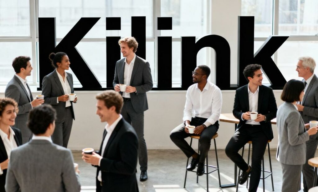 Professionnels en discussion autour d’un café lors d’un afterwork Kilink à Pau, programme dédié au développement commercial et à la communication des petites structures locales.