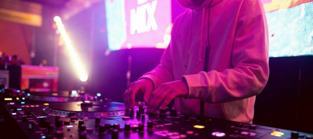 DJ manipulant une table de mixage avec "Le bon mix" en arrière-plan – métaphore visuelle de la stratégie commerciale locale selon Kilink.