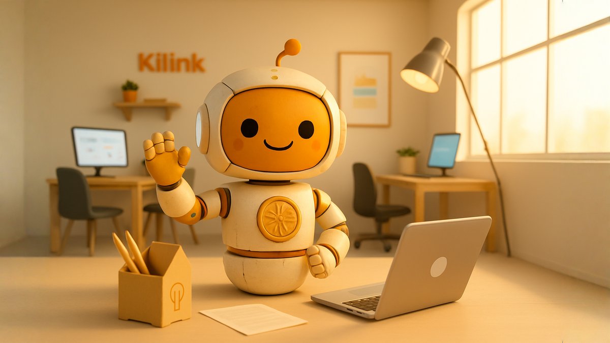 Kiwi, le robot assistant IA de Kilink, assis à un bureau avec un ordinateur portable et un grand sourire