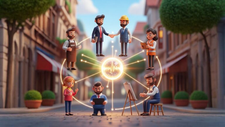 Illustration de professionnels connectés autour d’un réseau lumineux représentant le cercle relationnel et la collaboration locale