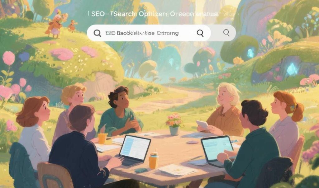 Illustration d’un atelier en plein air où des entrepreneurs échangent autour du SEO et du référencement naturel