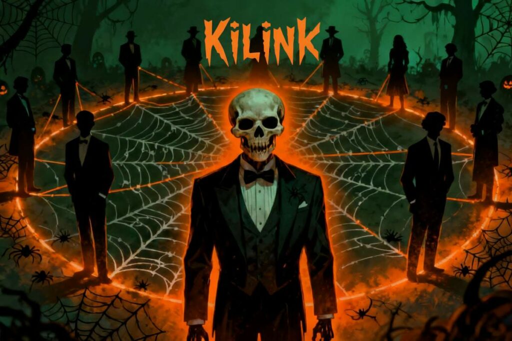 Illustration d’un squelette élégant en smoking entouré de silhouettes formant un cercle, inspirée de l’univers Kilink et de Halloween