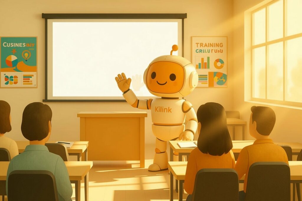 Kiwi, le robot assistant IA de Kilink, anime un atelier de formation devant un groupe de participants