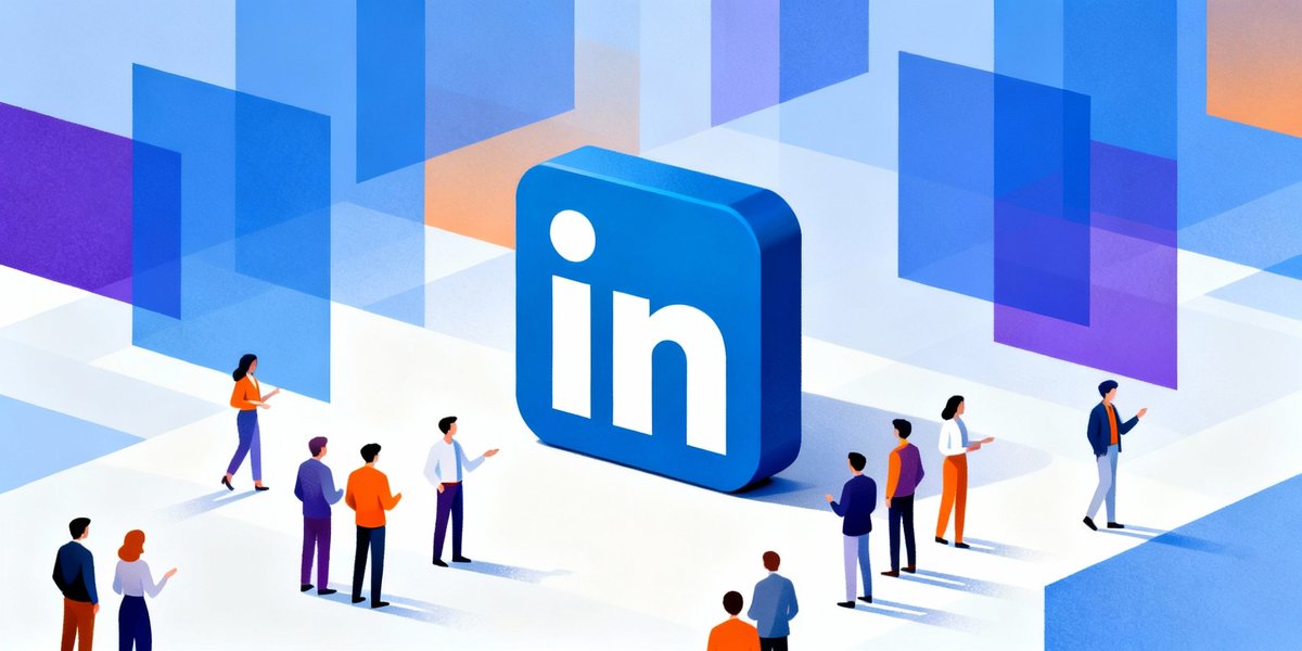 Illustration de personnes interagissant autour du logo LinkedIn, symbolisant la visibilité et le réseau professionnel