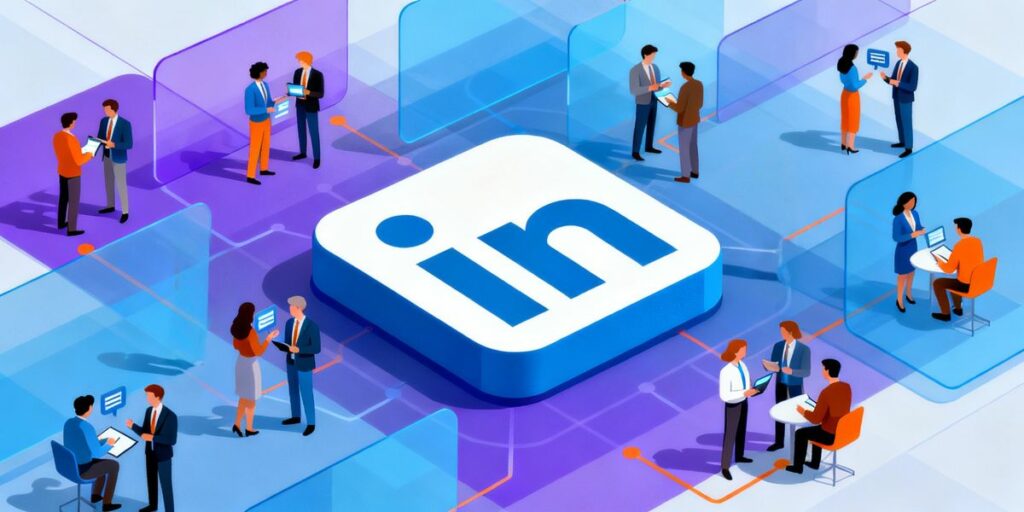 Illustration de professionnels échangeant et collaborant autour du logo LinkedIn, symbolisant la mise en relation et le réseau