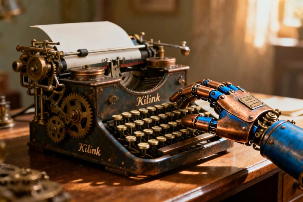 Main robotique tapant sur une machine à écrire vintage marquée Kilink, symbolisant la collaboration entre humain et intelligence artificielle