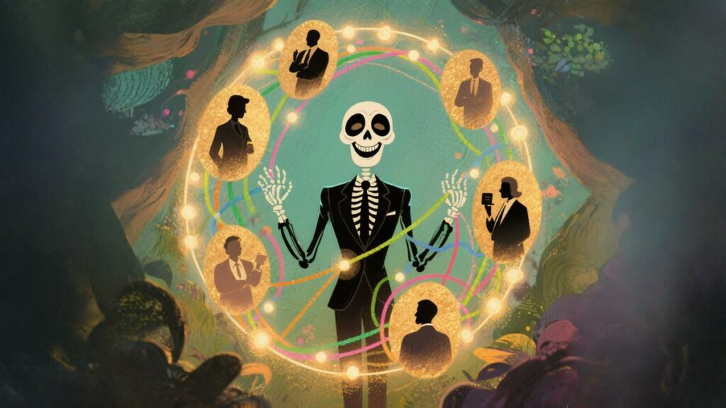 Illustration du personnage squelettique Kilink entouré de silhouettes professionnelles, symbolisant le cercle relationnel et les connexions humaines